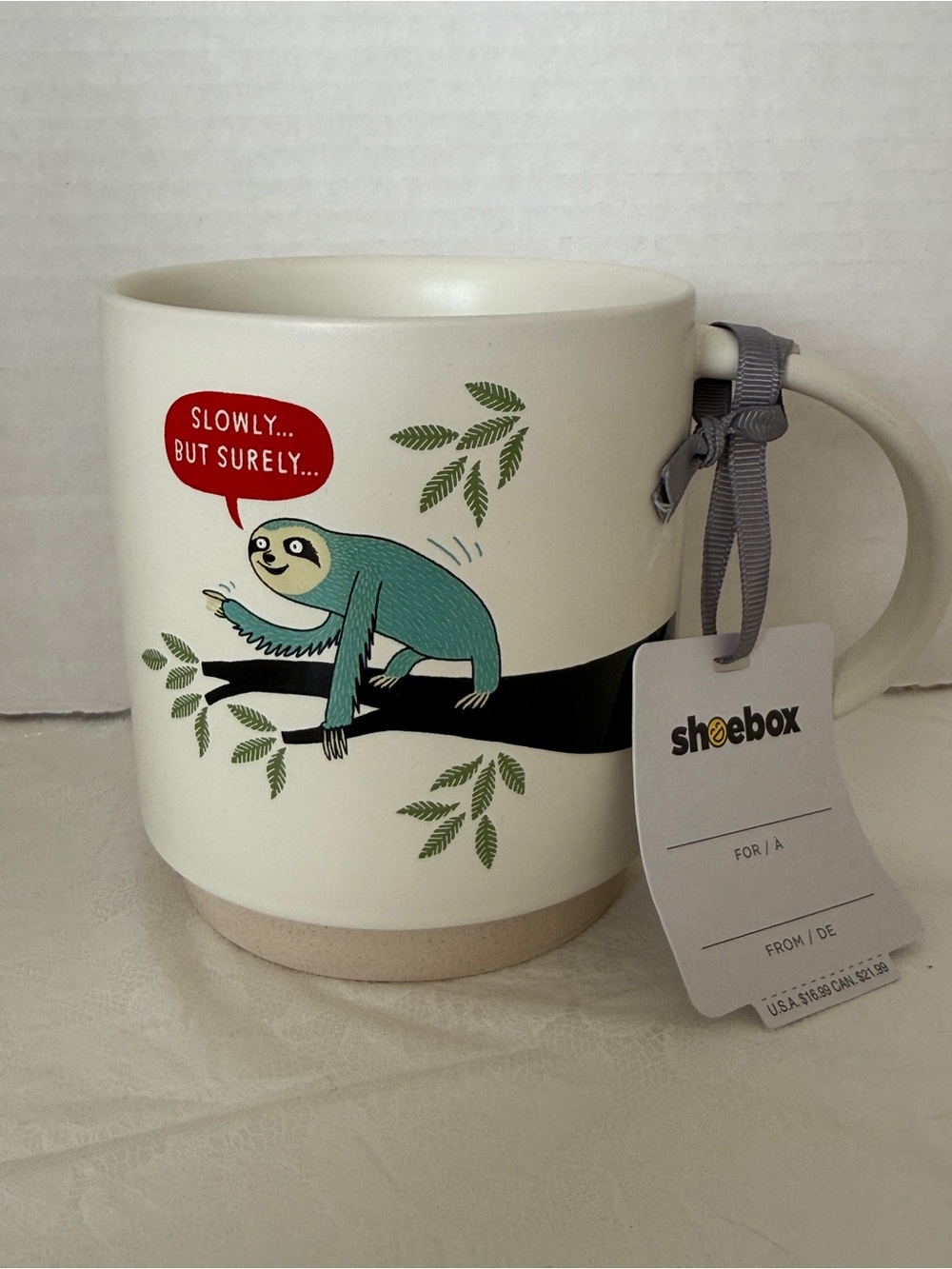 Shoebox HallmarkCream Ceramic Sloth Mug with Teal Accent "Slowly But Surely” New